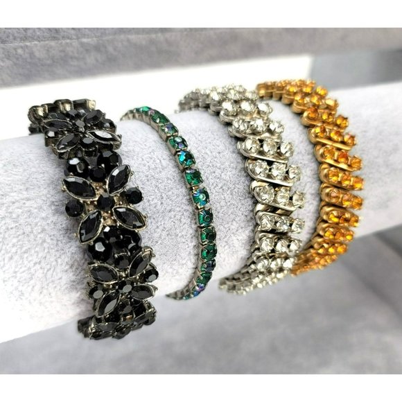 Rhinestone Beaded Stretch Bracelets Lot in Black Floral Silver Gold Green LI326 - Picture 1 of 8